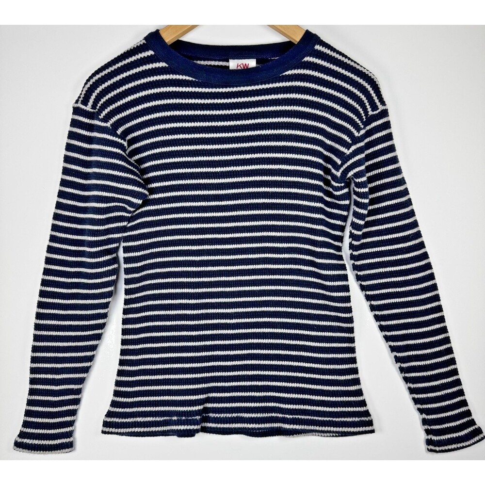 Knotty Woodpecker Farm Knit Thermal Womens Medium Blue Cream Striped Made in USA